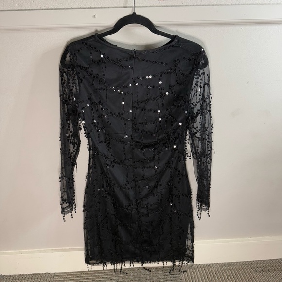 Sequin Tassel Fringe Detail Long Sleeve Dress Black - Picture 2 of 6